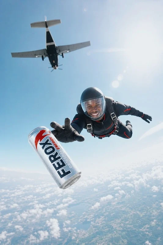 Parachutiste en chute libre avec une canette FEROX